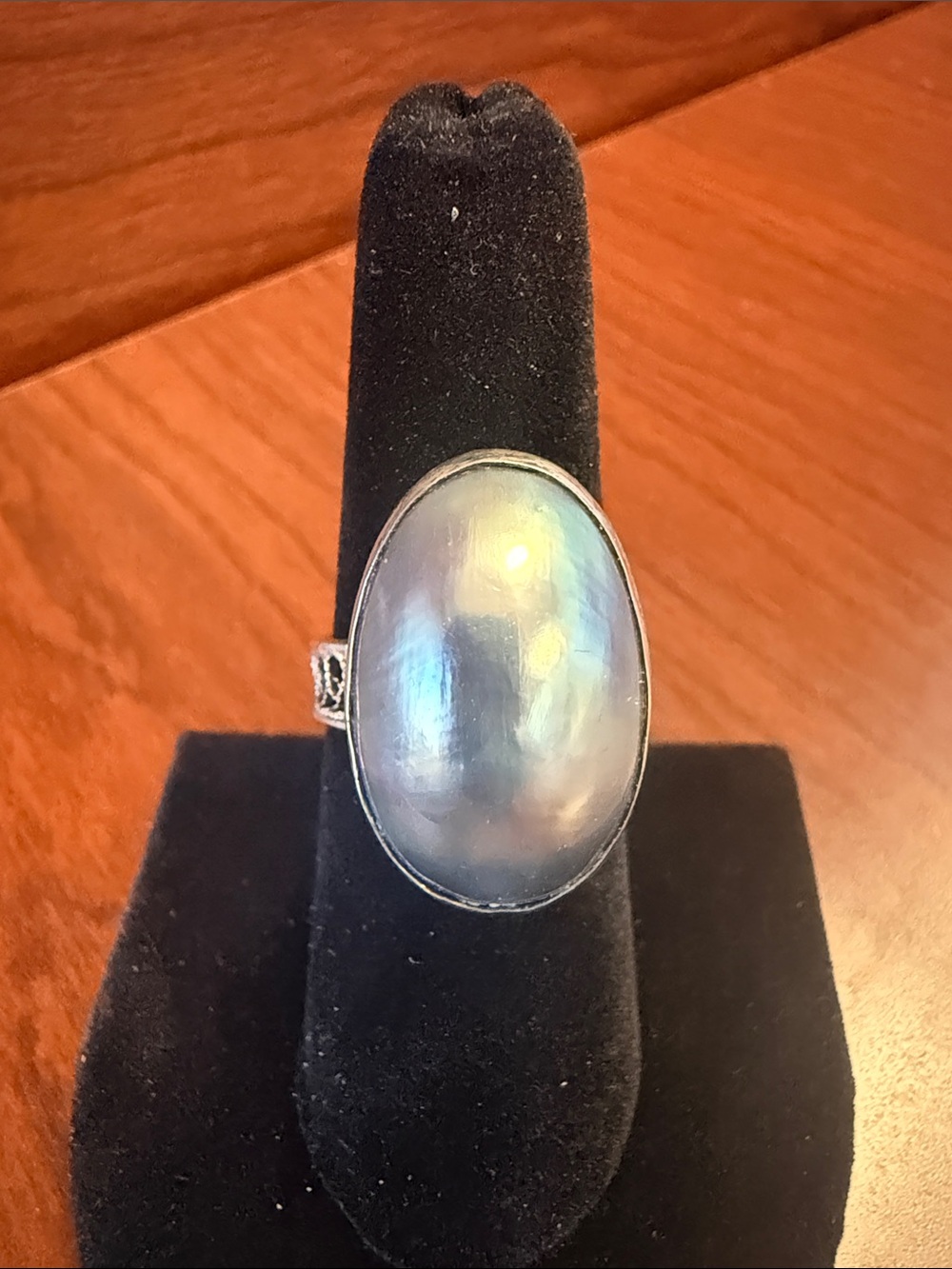 Vintage 925 Sterling Silver Shell Cocktail Ring Iridescent Blue Adjustable 5-9